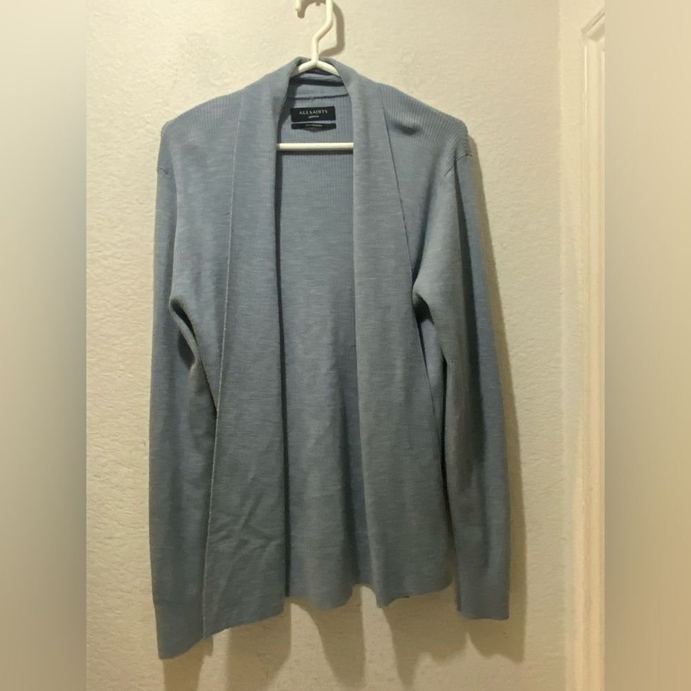 All Saints Women’s Medium Mode Merino Wool Open Front. Cardigan Jacket Gray